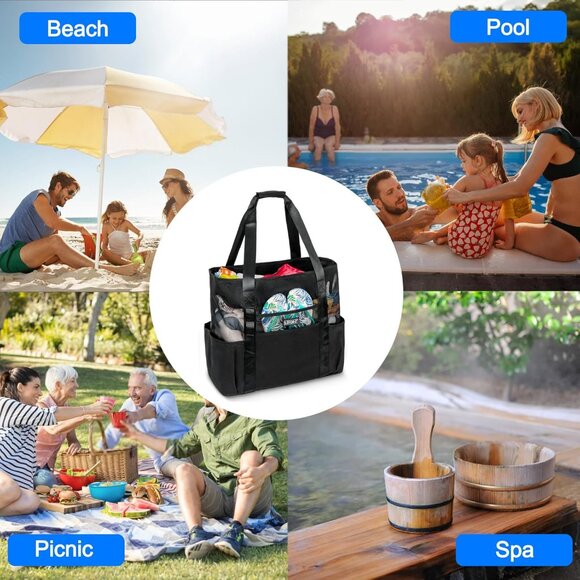 Women's Black Mesh Beach Tote Waterproof Sandproof Foldable Beach Bag - Picture 6 of 8